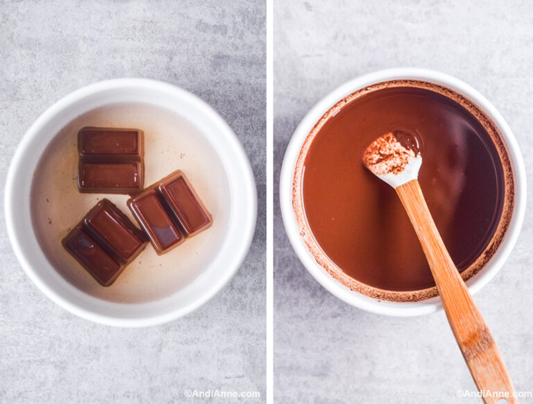 Chocolate squares in a bowl, then melted with hot water and spatula in another bowl.