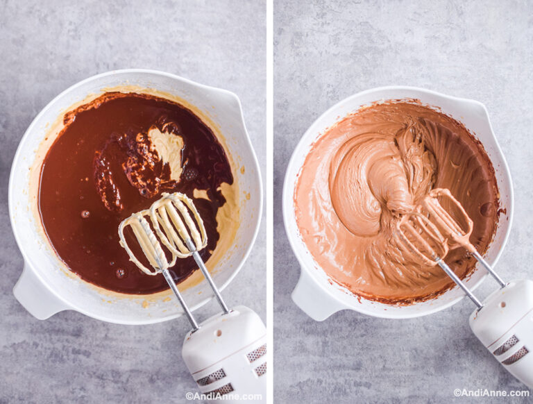 Mixing chocolate into cake batter with a hand mixer.