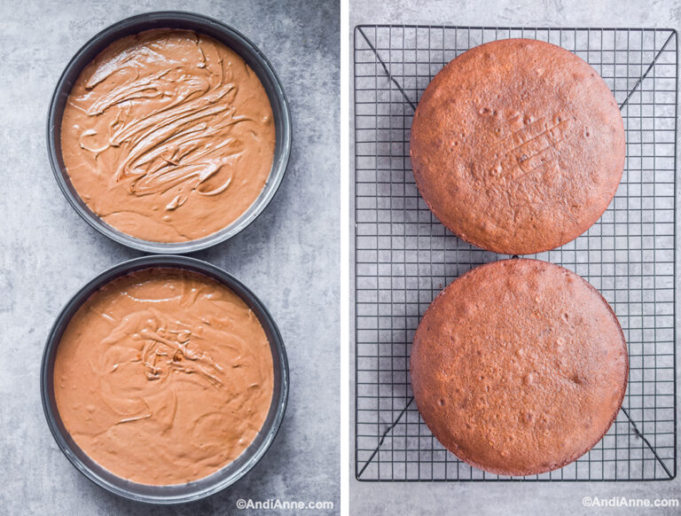 Two images: first uncooked cakes in cake pans. Second image is baked cakes on cooling rack.