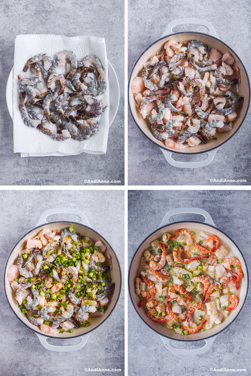 Four images: plate with paper towel and raw shrimp, a dish with raw shrimp and cod chunks, sauce and chopped green onion poured overtop, cooked shrimp and cod with lemon mustard sauce in round baking dish.