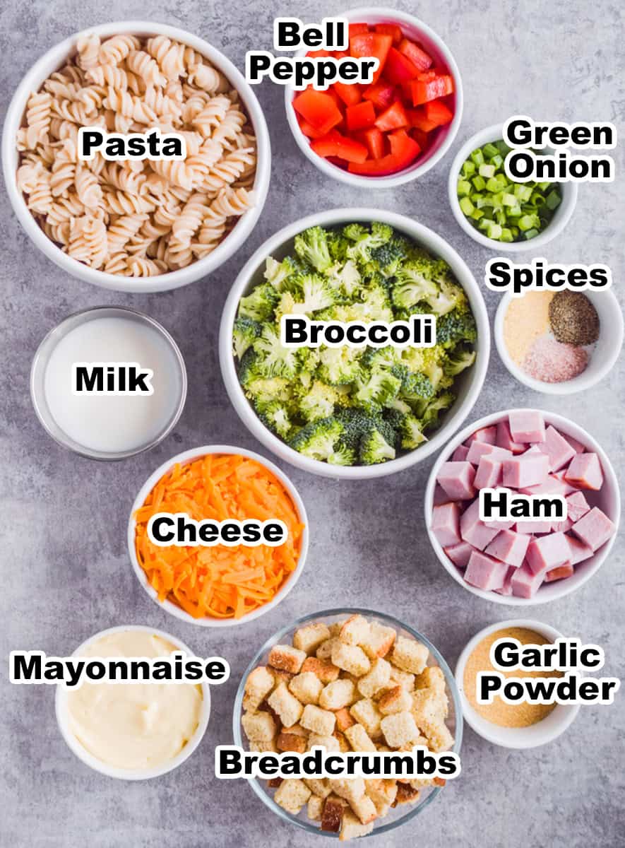 Ingredients to make the recipe including a bowl of pasta, bowl of broccoli, red bell pepper, cheese, ham, mayo and spices.