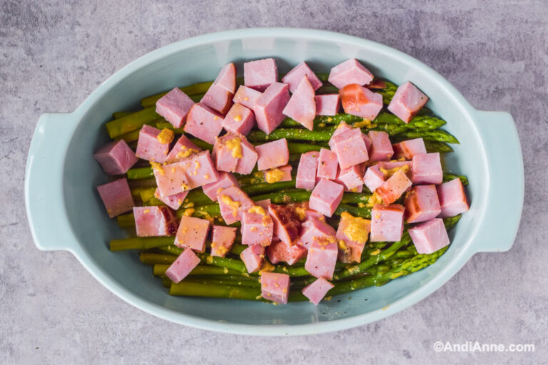 Asparagus and ham in oval dish.