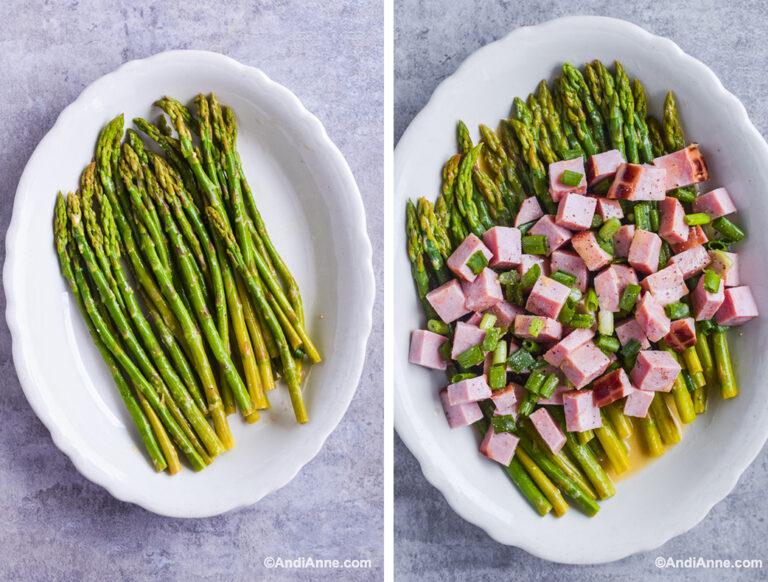 Two images: first with cooked asparagus on white plate. Second with chopped ham and onion sprinkled overtop.