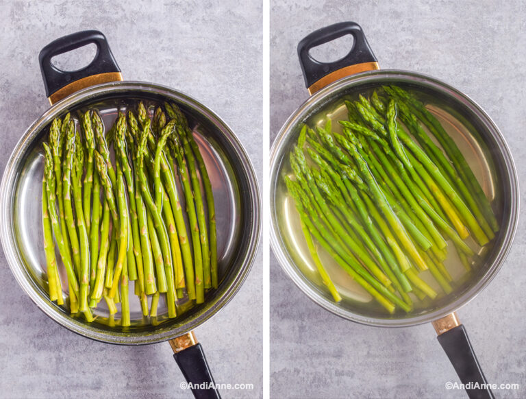 Two photos: First with raw asparagus and water in a pot. Second with cooked asparagus in pot.