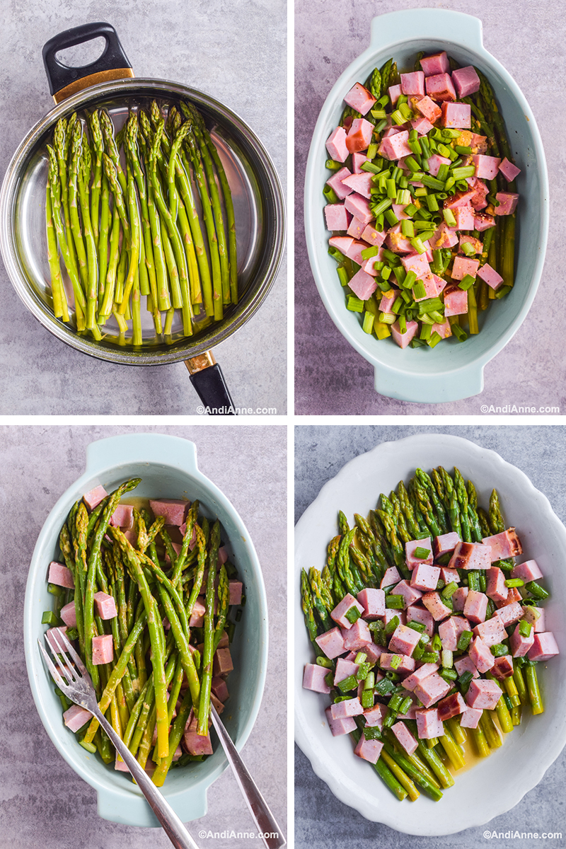 Four images showing steps to make recipe: Pot with asparagus and water, Dish with ham, green onions and asparagus, Dish with recipe ingredients and two forks mixing it up, and final serving dish with all ingredients for recipe inside. 