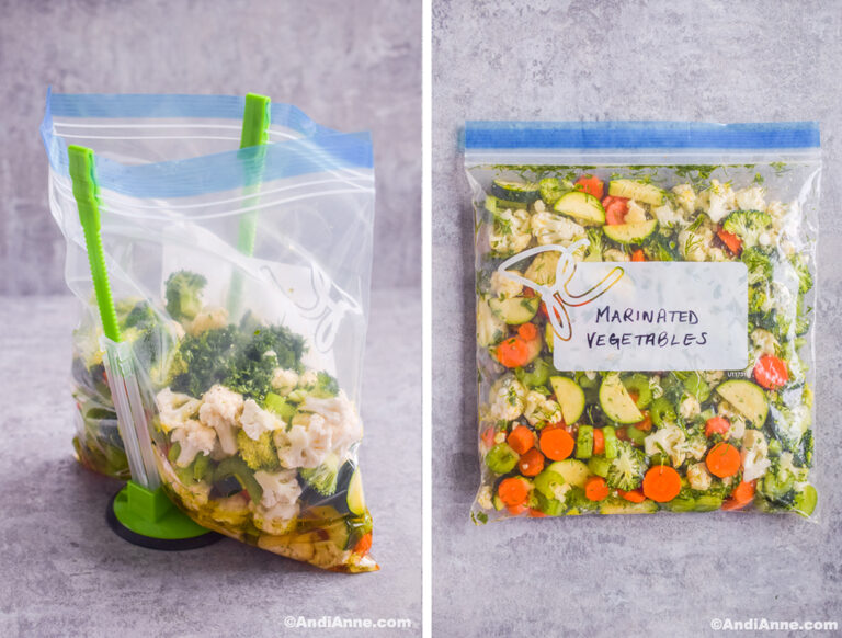 A large freezer bag with ingredients for salad inside. Another image of marinated vegetables inside sealed freezer bag.