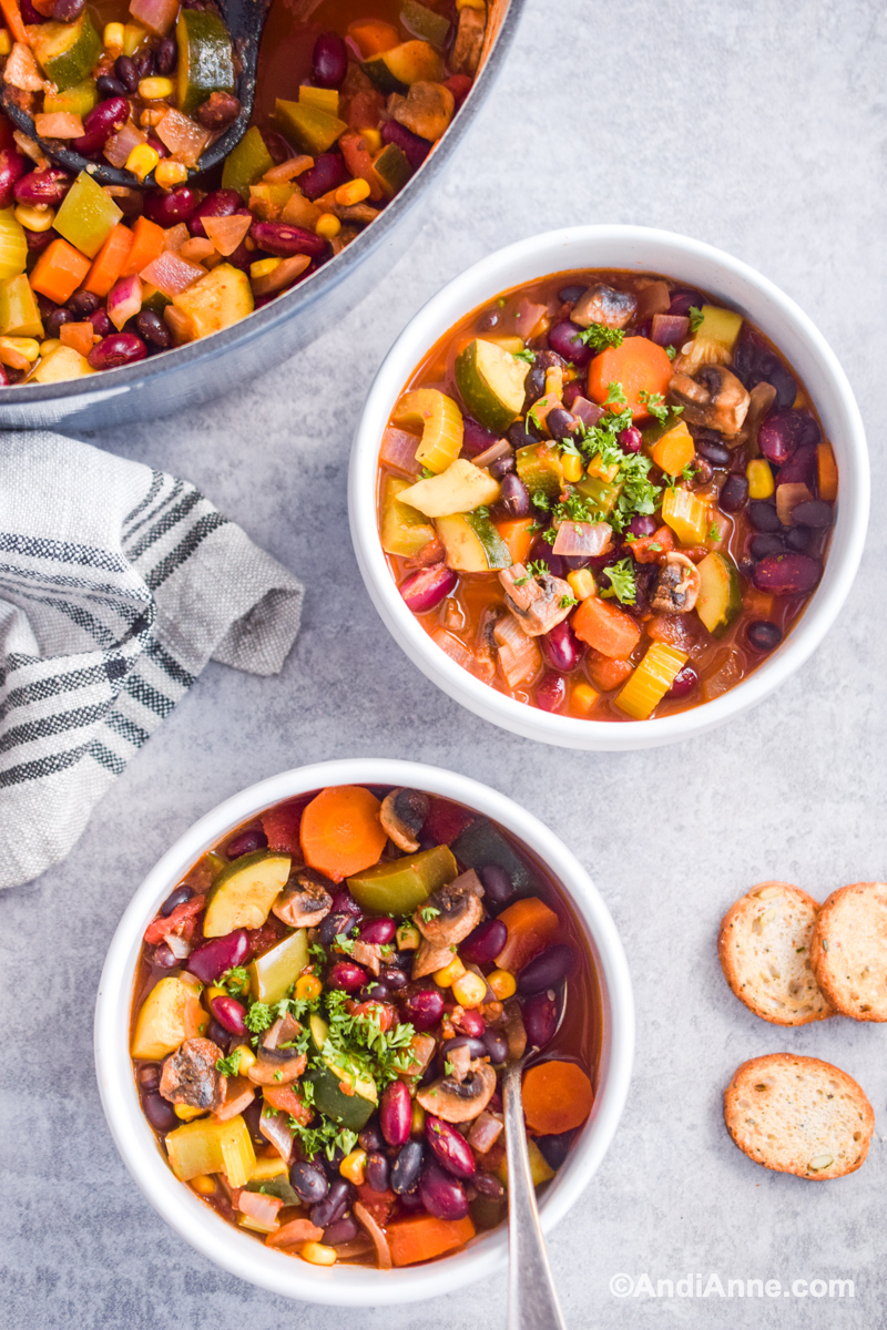 Two bowls of meatless vegetable chili with the large pot of soup, kitchen towel and crackers beside bowls. 