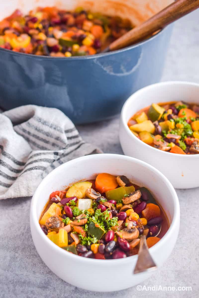 Two bowls of meatless vegetarian chili, one with spoon. Blue dutch oven with more chili and kitchen towel in background.