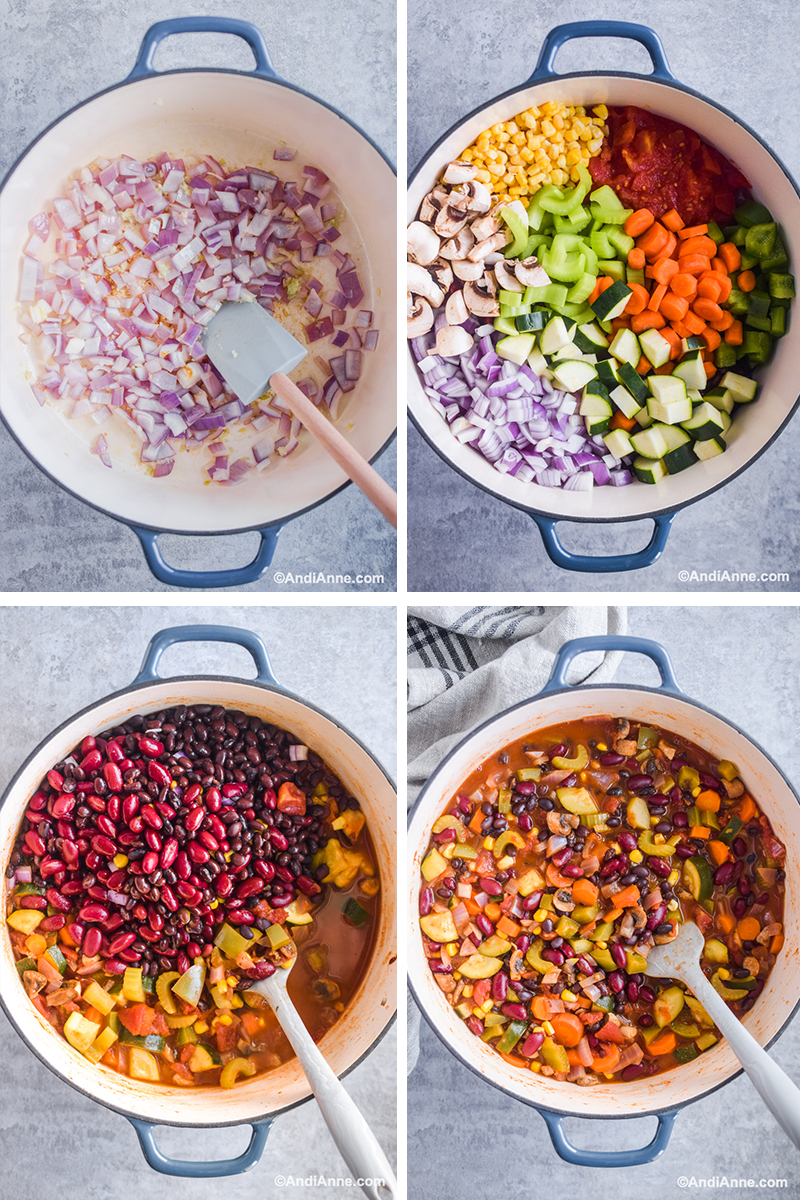 Four steps to make the recipe: image of chopped onion in dutch oven, chopped raw vegetables in dutch oven, beans piled on top of cooked soup in dutch oven, cooked chili in dutch oven with spatula.
