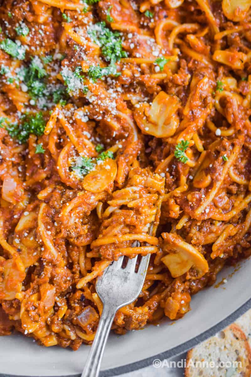 Close up of fork in spaghetti noodles, mushrooms and sauce.