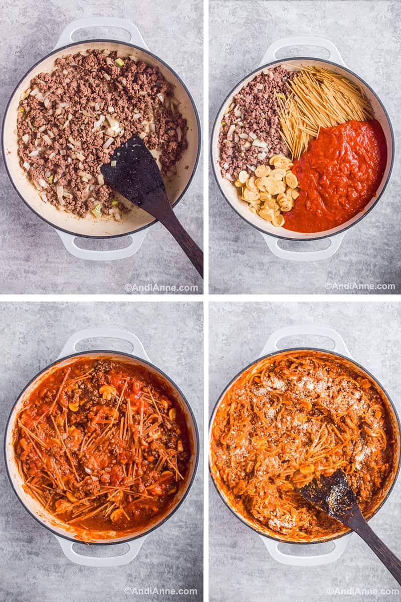 Four images showing steps to make recipe: First is browning beef in a pot. Second, all ingredients in pot but divided. Third, all ingredients mixed together before cooked. Four is cooked complete spaghetti with parmesan sprinkled on top.
