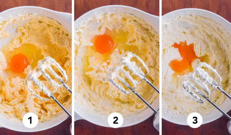three images of creamed sugar with one egg and hand mixer.