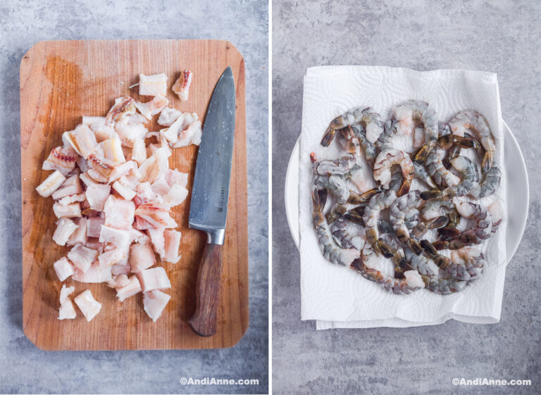 chopped raw cod fish on cutting board, raw shrimp on paper towel.