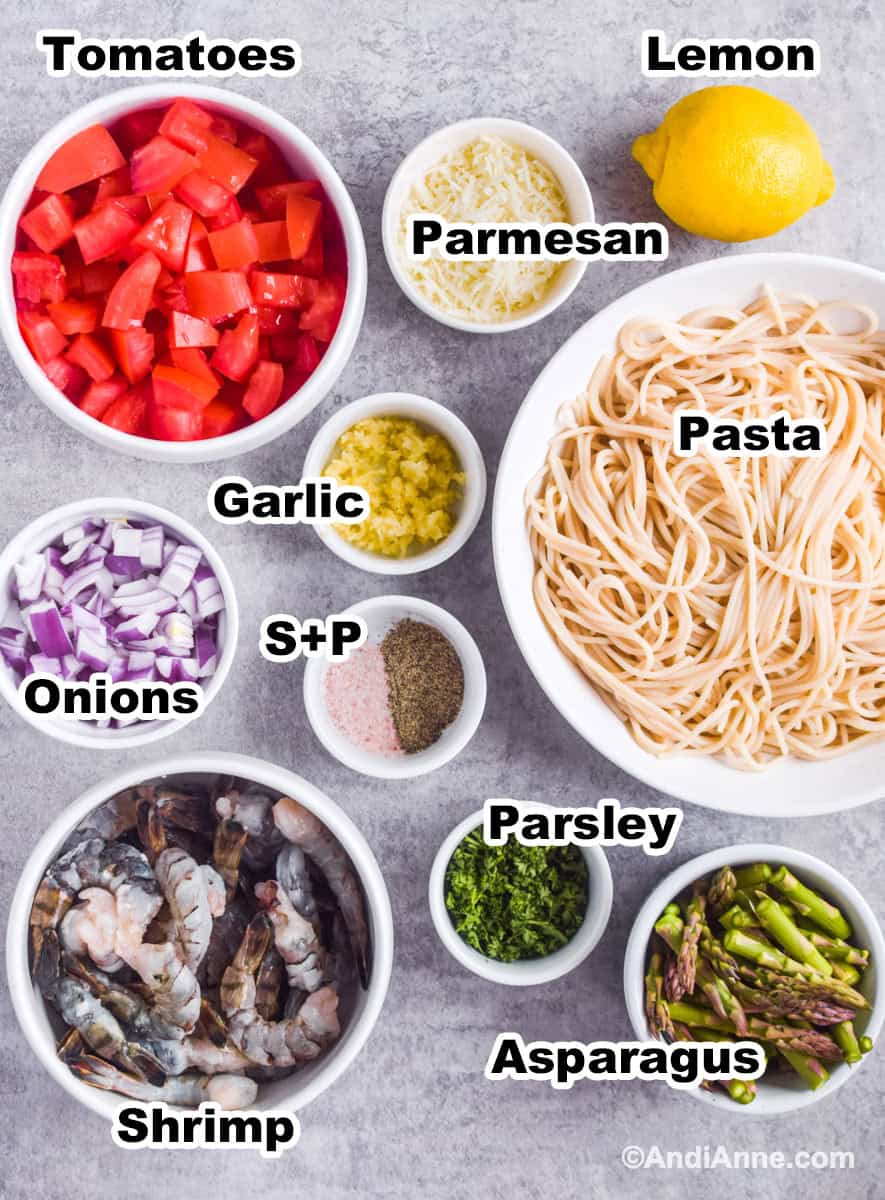 Ingredients to make the recipe including bowl of spaghetti noodles, chopped tomatoes, raw shrimp, and chopped asparagus.