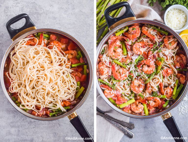 Two images: cooked pasta dumped on top of ingredients, and pasta mixed into shrimp and asparagus with parmesan on top.