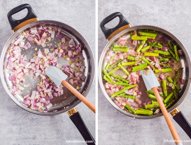 Two images: cooked onion in frying pan, cooked onion and asparagus with spatula.