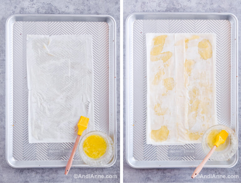 Two images of phyllo pastry on a baking sheet with a silicone brush and butter.