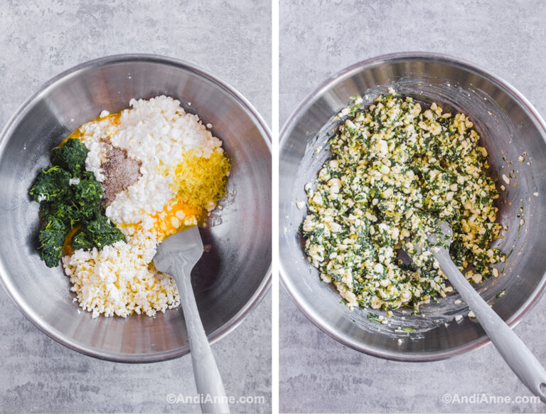 Two images of a stainless steel bowl: First with ingredients dumped in. Second with ingredients mixed together.