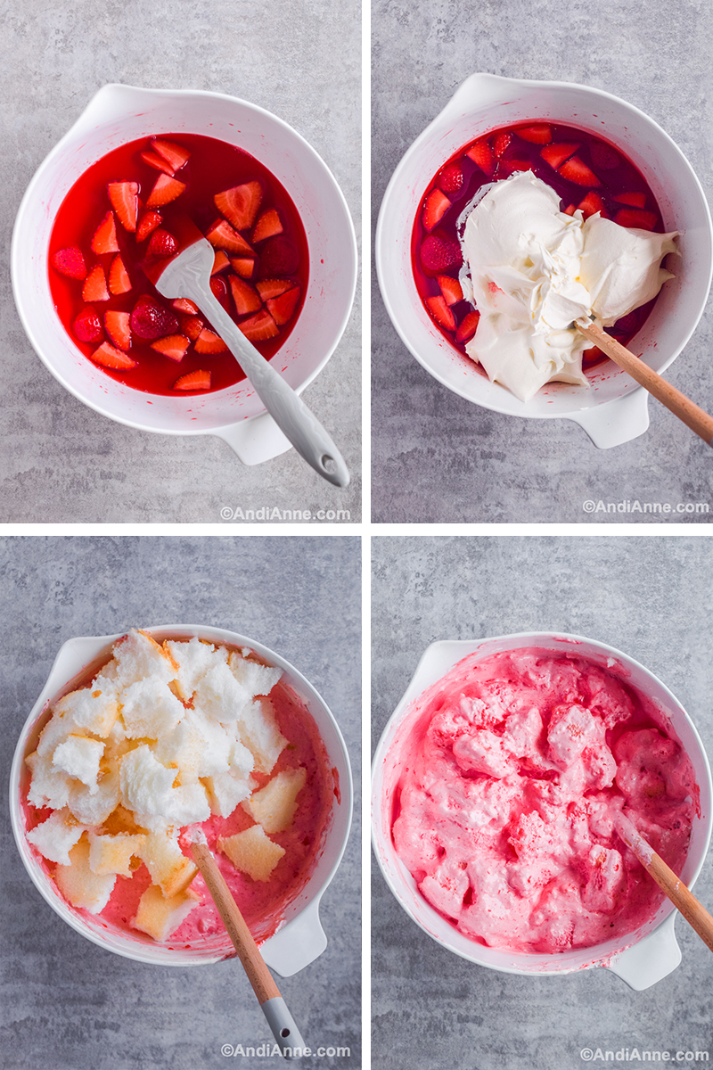 Four images showing steps to make recipe including making jello, adding whipped cream, adding chunks of cake and mixing together - all in white bowl with spatula.