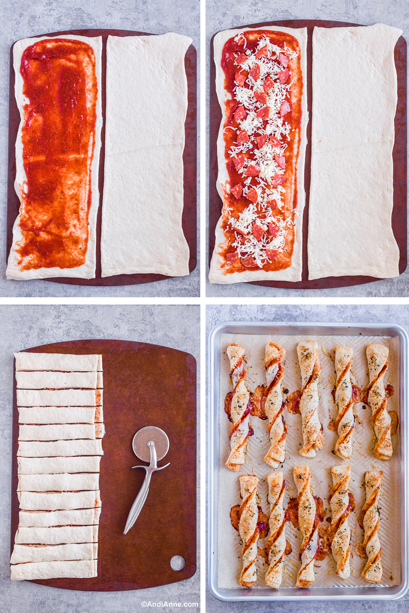 Four images showing steps to make the recipe: Pizza dough in rectangle sliced in half with sauce on one side, mozzarella and pepperoni slices on top, other dough placed on top and then sliced into 1 inch strips, breadsticks twisted and baked on a baking sheet.