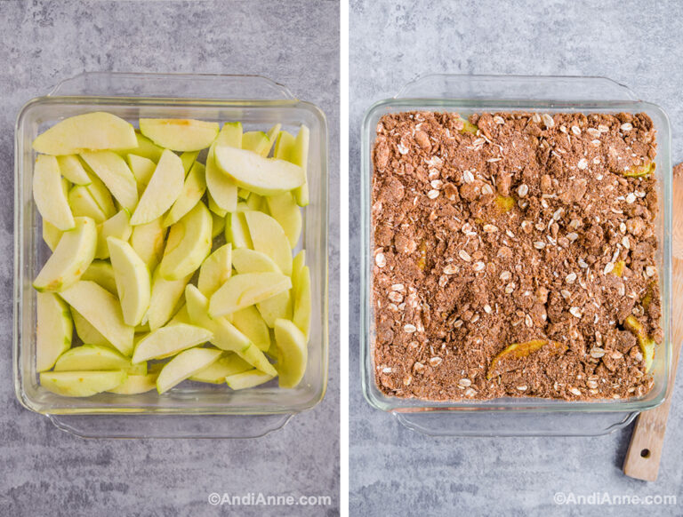 Two images, first with sliced apples in glass baking dish, second with granola mixture spread on top of dish.