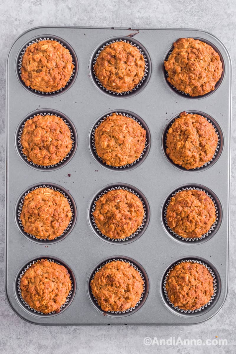 Looking down at baked muffins in a pan.