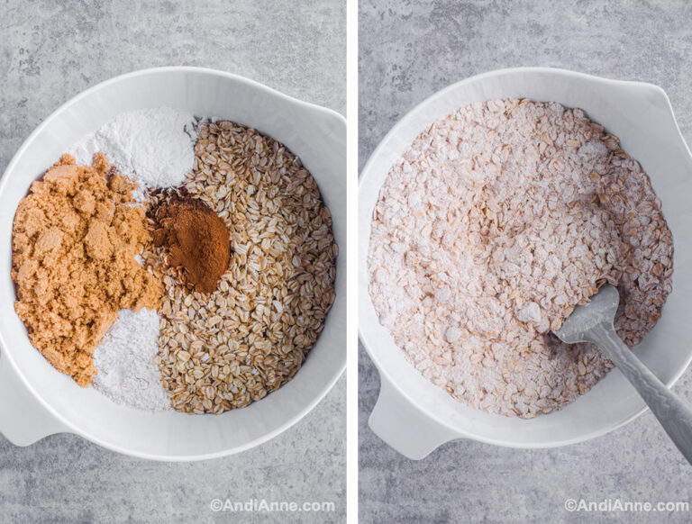 Two images of a white bowl: first with ingredients dumped in. Second with ingredients mixed together and a spatula.