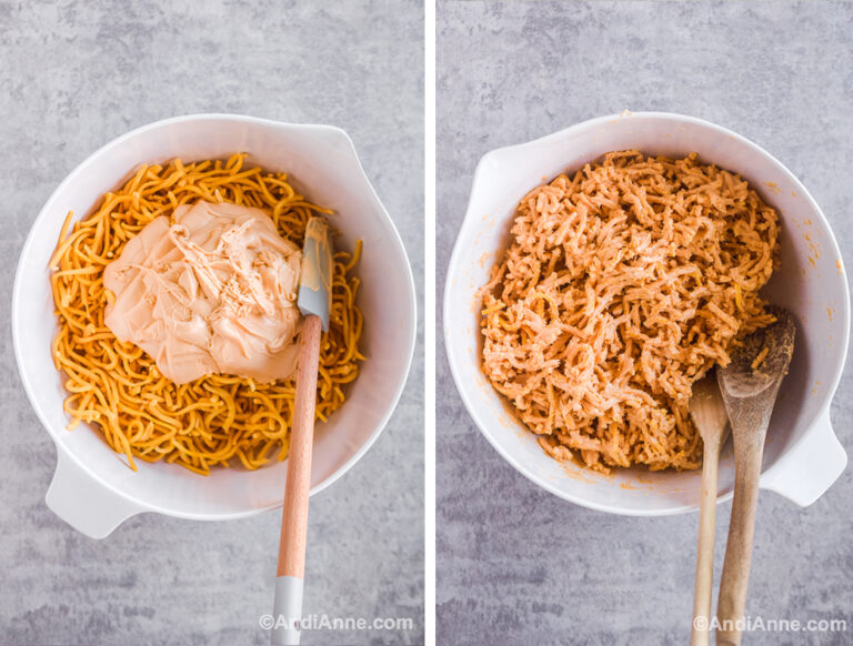Two images of white bowl: first is chow mein noodles and melted chocolate on top, second is noodles mixed with chocolate and two wooden spoons beside.