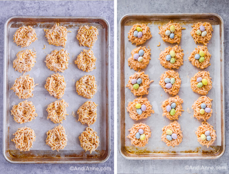 Two images of baking sheet: first with just nests, second with nests and eggs on top.