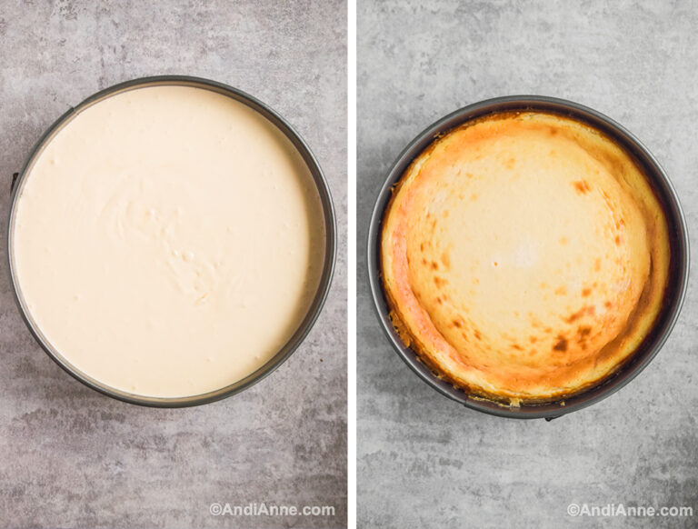 Two images of a springform pan: first with uncooked cheesecake, second with cooked cheesecake and golden edges.