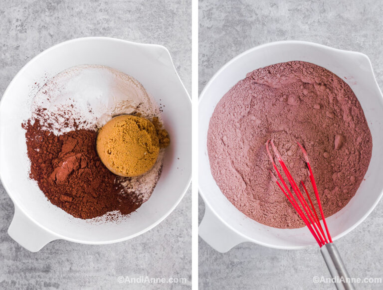 Two images of a white bowl: first with cocoa, brown sugar and flour inside. Second with dry ingredients mixed together and a spatula.