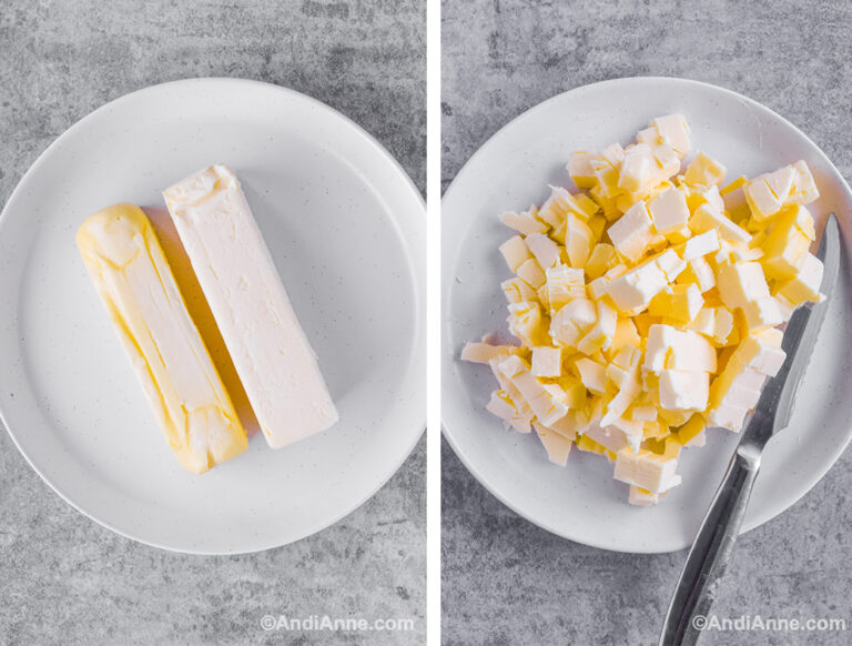 Two sticks of butter on a white plate. Second image is chopped butter with a knife on plate.