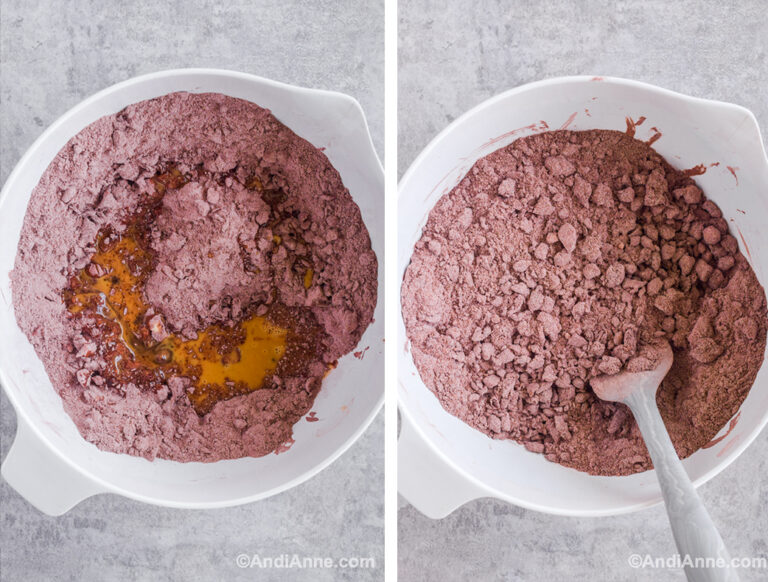 Two images of a white bowl: Dry ingredients with egg poured in. Second is dry ingredients mixed with a spatula.