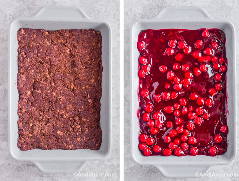 Two images of a baking dish: first has cookie crumb base pressed in. Second has cherry filling spread on top.