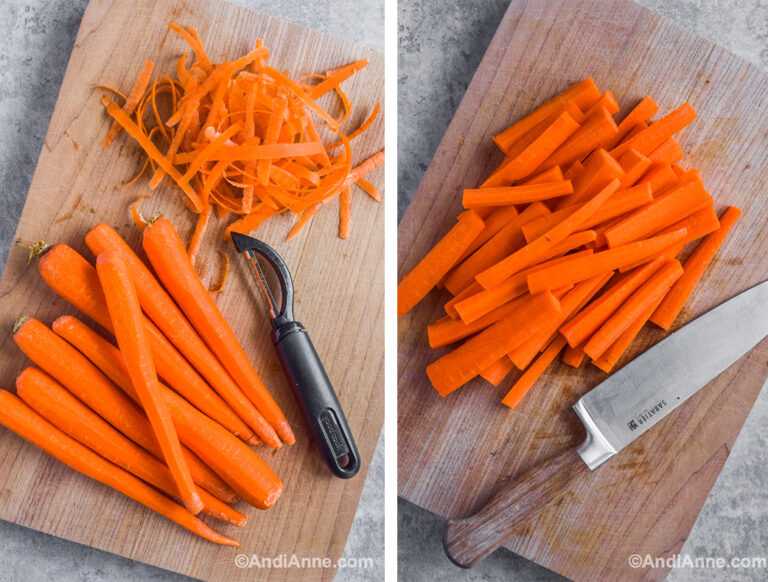 Two images of cutting board: first with peeled carrots and vegetable peeler. Second with sliced carrots and knife.