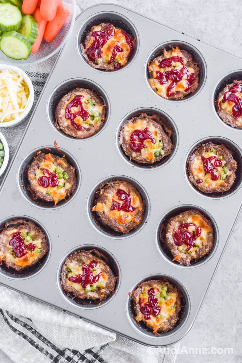 Looking down at muffin pan with baked meatloaf muffins inside.