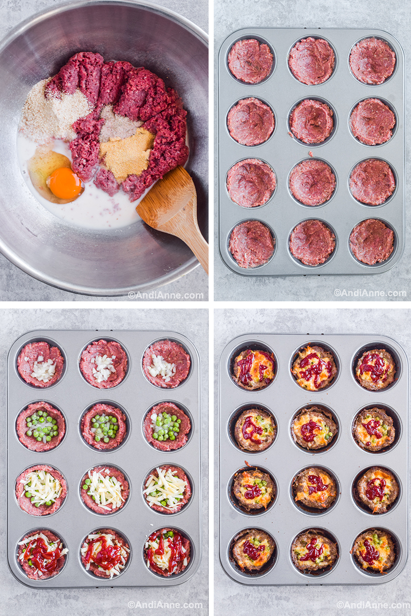 Four images showing various steps to make the recipe, including mixing ingredients in a bowl, adding ground beef to muffin pan, adding toppings to muffin pan, and final cooked recipe in muffin pan.