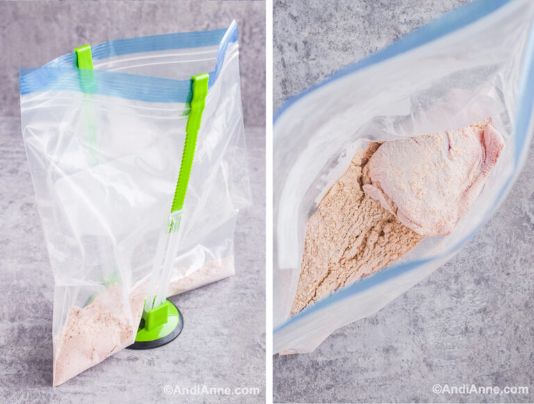 Two images of a large freezer bag: first held open with bag holder and flour inside, second looking into bag with chicken and flour mixture.