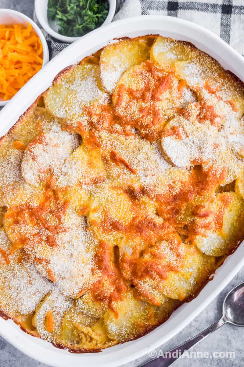 Au gratin potatoes in a baking dish.
