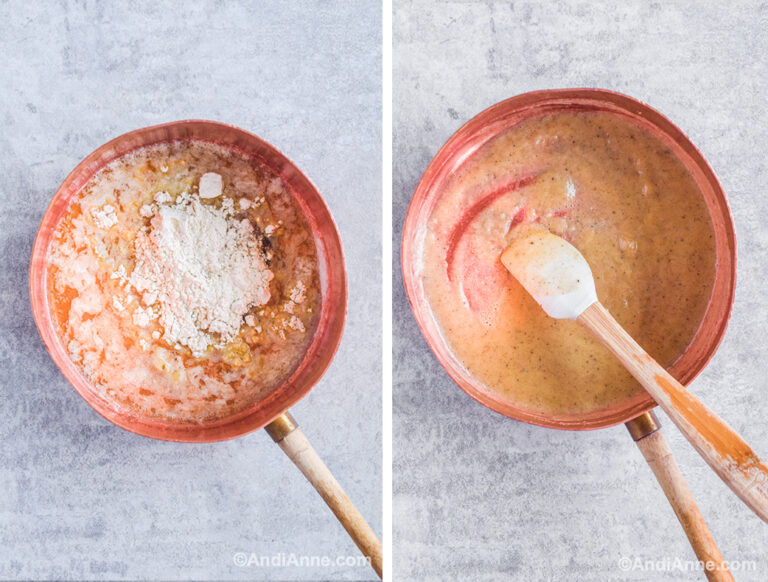 Two images: first with melted butter and flour, second with a thick sauce and spatula in copper pot.