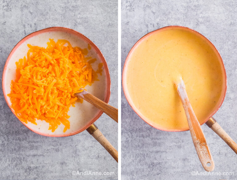 Two images: first with grated cheese in a sauce in copper pot, second with melted cheese and spatula in a copper pot.