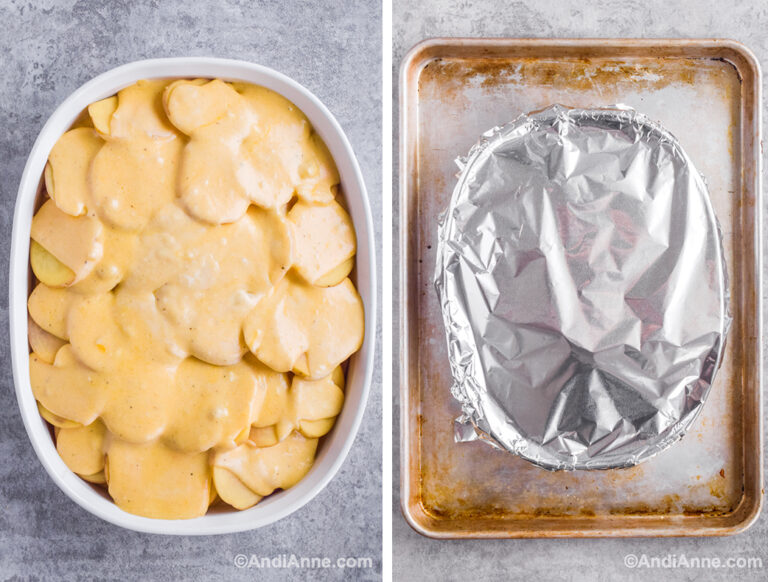 Two images: first with melted cheese over potatoes in white casserole dish, second with aluminum foil over dish and sitting on a baking sheet.