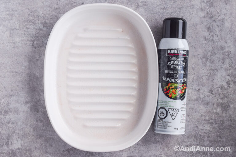 White baking dish and nonstick cooking spray.
