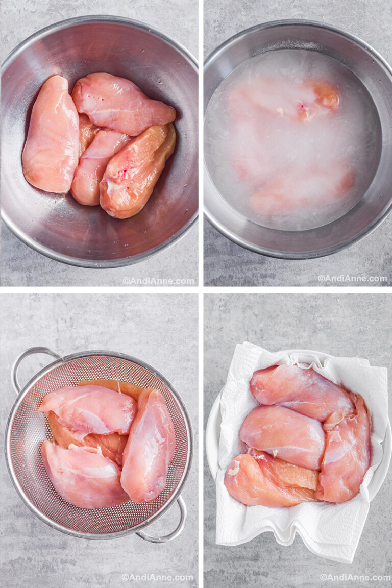 Four images showing brine steps: first with steel bowl and chicken breasts, second with water covering chicken, third with chicken breasts in strainer, fourth is chicken breasts on paper towel.