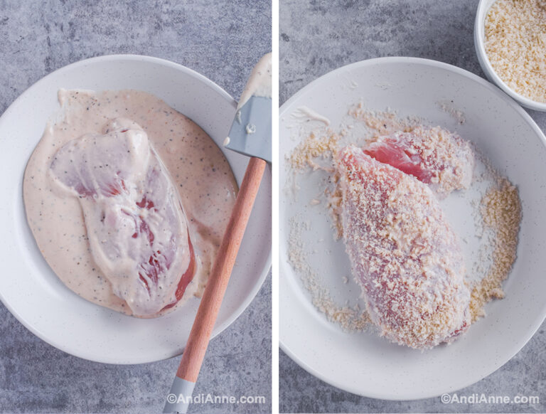 Two images: first with a chicken breast in a bowl with ranch dressing, second with chicken breast in a different bowl sprinkled with breadcrumbs.