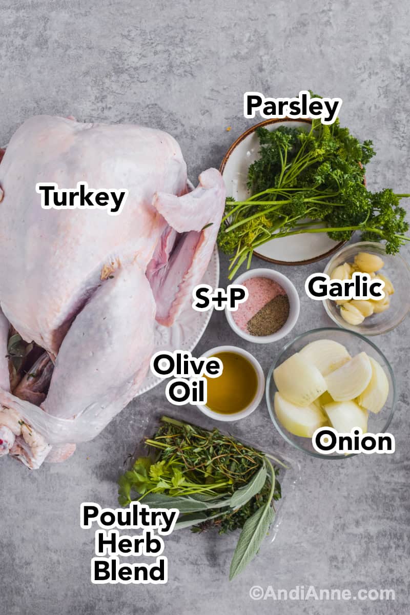 Recipe ingredients on the counter including raw turkey, plate of parsley, bowl of chopped garlic and onion, fresh herbs and oil.