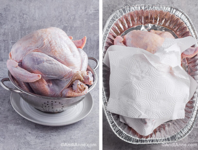 Raw turkey in a large strainer, and raw turkey with paper towels on top.