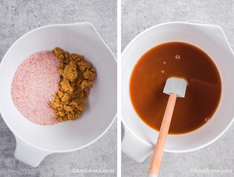 Bowl with salt and sugar, then bowl with salt sugar liquid and spatula.
