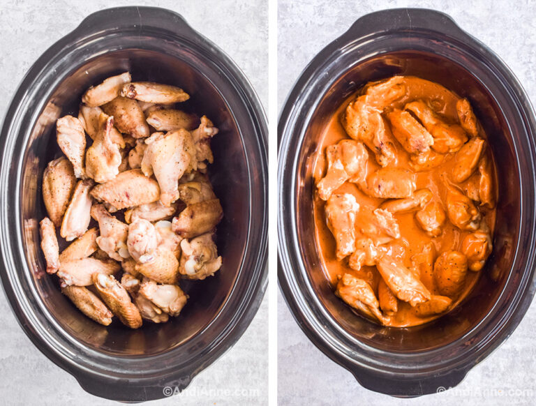 Two images of a slow cooker. First with unseasoned chicken wings inside. Second with chicken wings in barbecue sauce.
