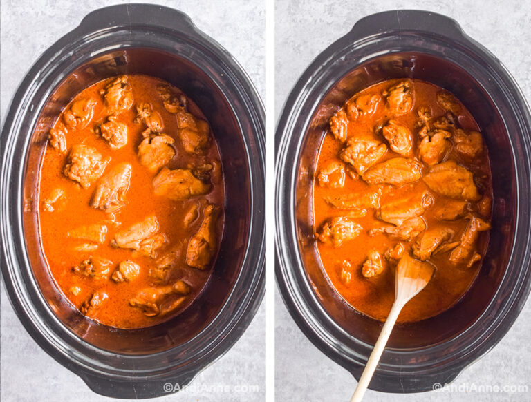 Two images of slow cooker with chicken wings in barbecue sauce.